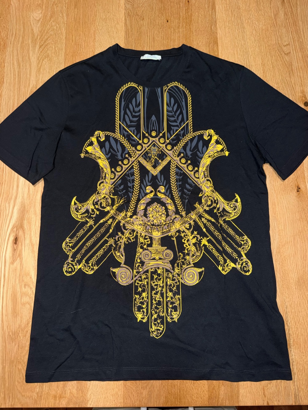 Versace Collection Black Tee with Ornate Gold Hamsa Graphic